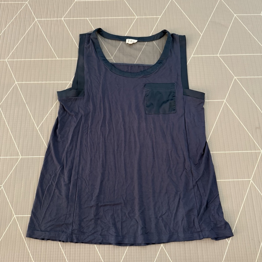 POL Anthropologie Tank Top Size L‎ Slate Blue Front Pocket Sheer Back Rayon